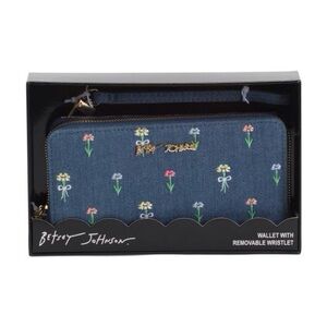 Betsey Johnson Denim Wallet Wristlet Embroidered Floral Easter Spring
